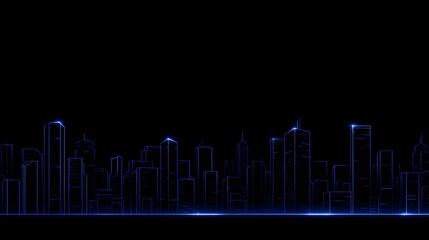 Naklejka premium Glowing blue outline of modern skyscrapers city skyline on black background, minimalist architectural sketch and CAD design