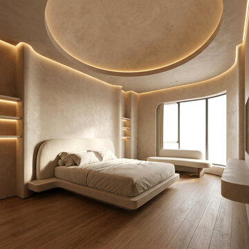 Minimalist Luxury Bedroom Interior with Organic Curved Architecture and Warm Ambient Lighting