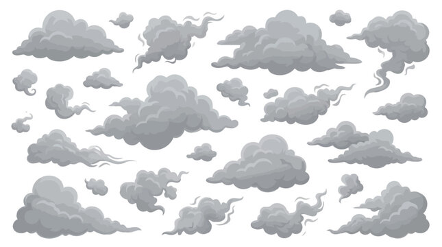 Set of various grey weather clouds isolated on white background for sky and climate illustrations