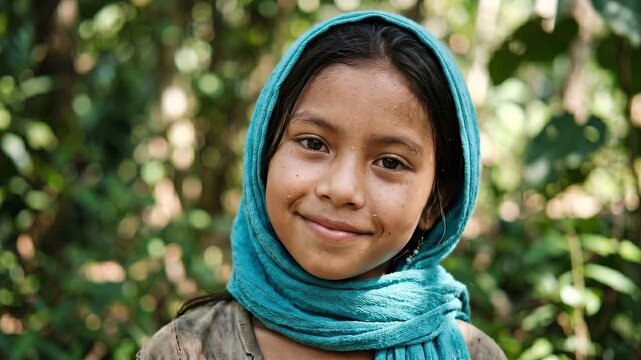 Static shot of young girl tilting head and smiling in leafy forest wearing turquoise scarf with dappled natural light calm daytime portrait