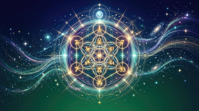 A vibrant, mystical image features a glowing Metatron's Cube overlaid on a cosmic background.