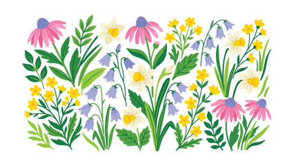Vibrant spring meadow flowers vector collection, a beautiful botanical illustration of colorful wildflowers and green foliage, perfect for nature-themed designs and seasonal greetings. © MuhammadAmjad