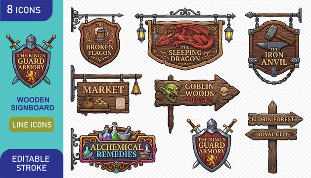 Collection of medieval fantasy wooden signs and shields for RPG game interface and map markers