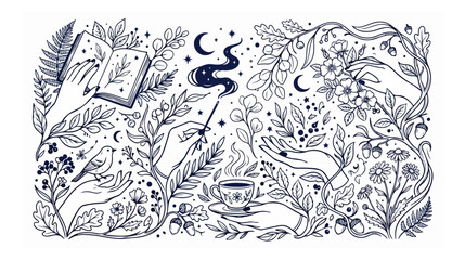Enchanting magic and nature vector illustration, mystical hands holding spell book and wand, botanical elements, celestial motifs, perfect for spiritual and fantasy designs © MuhammadAmjad