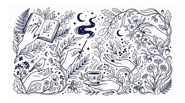 Enchanting magic and nature vector illustration, mystical hands holding spell book and wand, botanical elements, celestial motifs, perfect for spiritual and fantasy designs