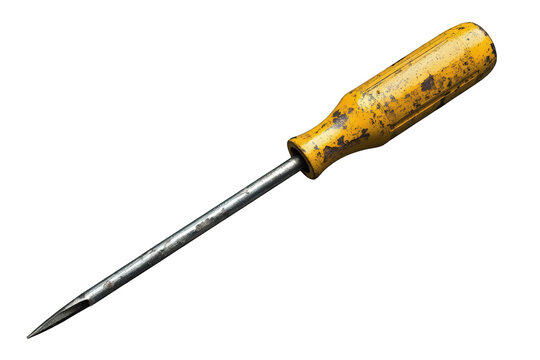 Old rusty screwdriver with yellow handle and metal shaft on transparent background, symbolizing repair and maintenance