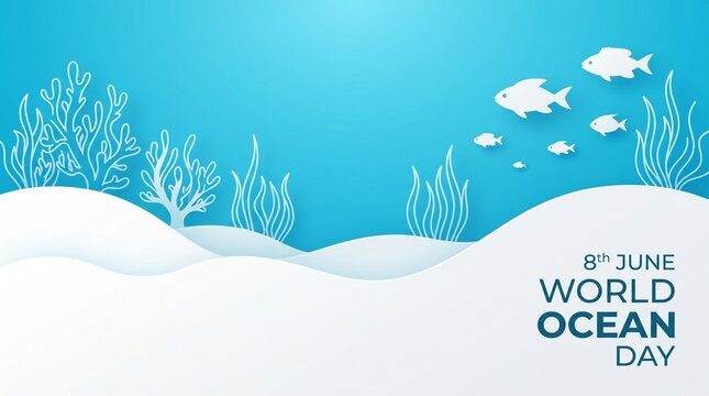 World ocean day illustration with fish and seaweed