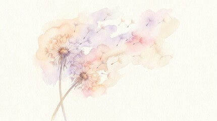 Fototapeta premium A delicate watercolor painting depicts a cluster of dandelions with fluffy seed heads.
