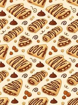 Seamless pattern with chocolate hazelnut crepes and pancakes