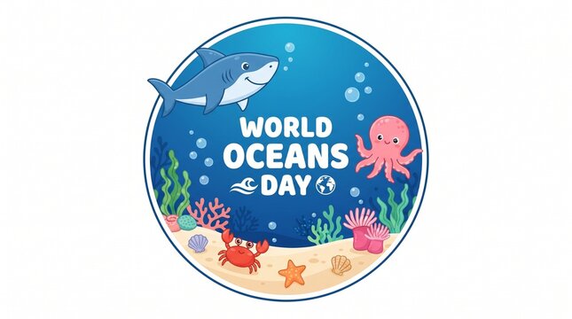 World oceans day illustration with marine life
