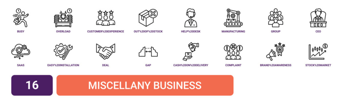 Set of 16 outline web Miscellany Business icons such as stock market, brand awareness, complaint, cash on delivery, Gap, deal, easy installation vector icons for report, presentation,