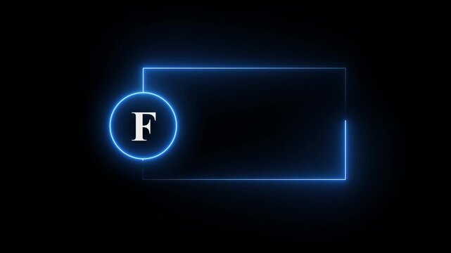 colorful glowing neon F text icon animation. Square rectangle picture frame with one tone neon color motion graphic on isolated black a background.neon text F, icon, 4k video black background.4k