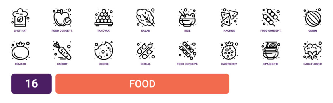 Set of 16 outline web Food icons such as cauliflower, spaghetti, Raspberry, from food concept. Thin illustration of editable stroke. for use on web and mobile apps, logo, print media., cereal,