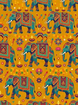 Ornate diwali pattern with decorated elephants and oil lamps