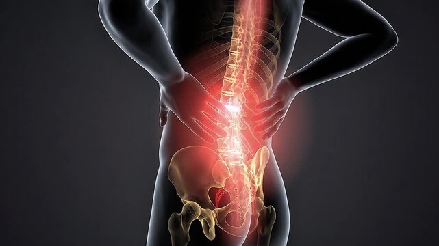 Lower Back Pain Spine 3D Medical Animation Human Body Lumbar Anatomy Organ X-Ray Glowing Red Dark Background