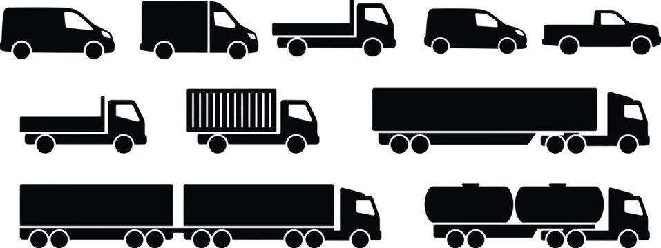 Various types of trucks and vans in silhouette on white background