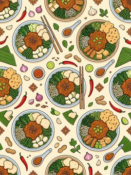 Colorful indonesian gado gado salad with peanut sauce pattern