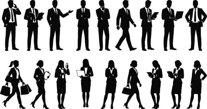 Silhouettes of business people in various professional poses and activities on white background