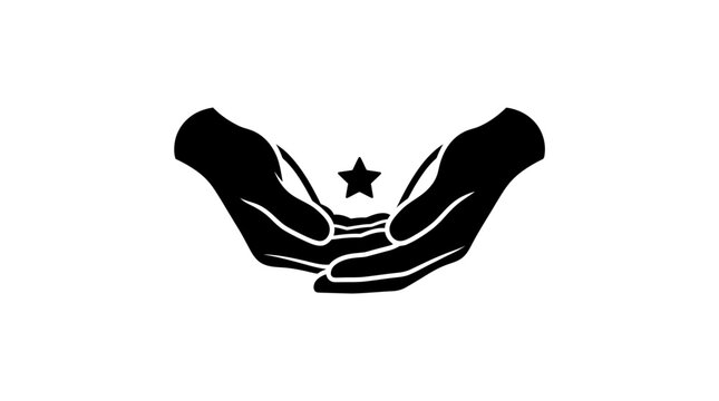 Black silhouette of two cupped hands holding a small star in the center, symbolizing care, protection, and support.
