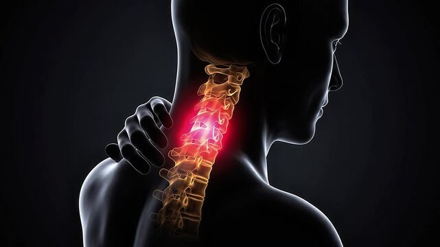 Neck Pain Cervical Spine 3D Medical Animation Human Body Backbone Anatomy Organ X-Ray Glowing Red Dark Background