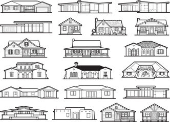 Obraz premium A collection of diverse residential house architectural blueprints showcasing various styles and designs, from modern to traditional.