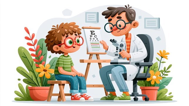 Children's Eye Health and Safety Month:illustration of a child having an eye exam at pediatric clinic, doctor holding eye chart, minimalist geometric shapes