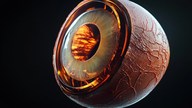 Children's Eye Health and Safety Month:3D CGI render of human eye cross-section anatomy, cornea and retina layers visible, glossy translucent materials
