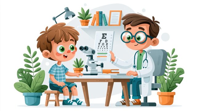 Children's Eye Health and Safety Month:illustration of a child having an eye exam at pediatric clinic, doctor holding eye chart, minimalist geometric shapes
