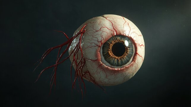 Children's Eye Health and Safety Month:3D CGI render of human eyeball anatomical model floating in dark studio space