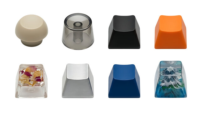 Set of decorative mechanical keyboard keycaps isolated on transparent background for custom build projects