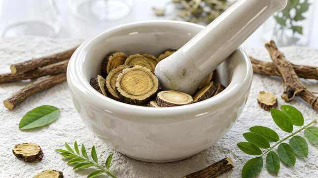 Traditional herbal medicine preparation with licorice root | Sliced glycyrrhiza glabra in white mortar and pestle | Natural homeopathic remedies with raw licorice wood | Herbal apothecary tools