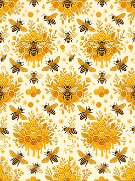 Seamless pattern with honeybees and dripping honeycombs