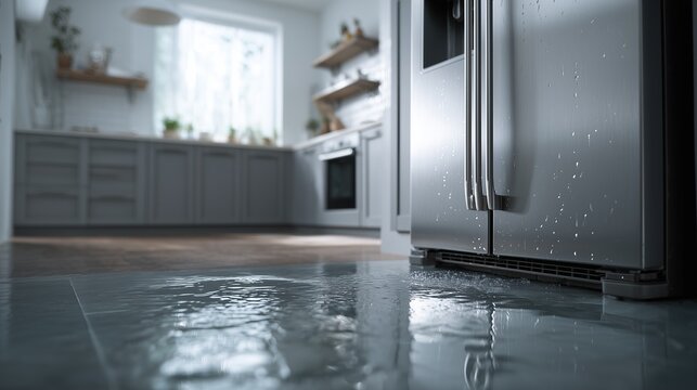 Leaking refrigerator with water on kitchen floor, showing fridge leak, appliance damage and urgent home maintenance problem.