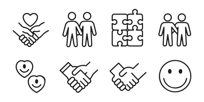 Set of social interaction icons featuring people handshake puzzle heart and smiley face symbols for network marketing.