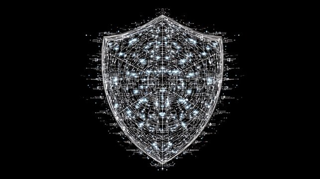 Digital cyber security shield composed of glowing white data network lines and nodes on dark background for tech protection