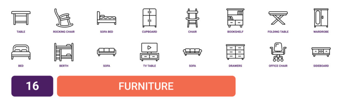 Set of 16 outline web Furniture icons such as sideboard, office chair, drawers, sofa, tv table, sofa, Berth vector icons for report, presentation, diagram, web design, mobile app