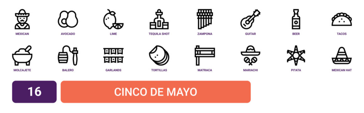 Set of 16 outline web Cinco De Mayo icons such as mexican hat, pi?ata, mariachi, matraca, tortillas, garlands, balero vector icons for report, presentation, diagram, web design, mobile app