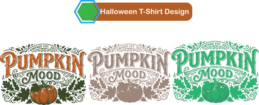 Pumpkin mood halloween t-shirt design with ornate floral frame and typography