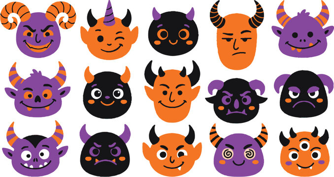 Set of cute monster faces with horns and expressions for halloween design
