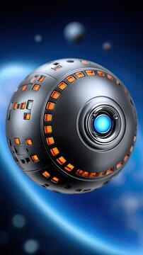 Spherical sci fi drone floats in outer space with glowing ports and a large blue planet in the background