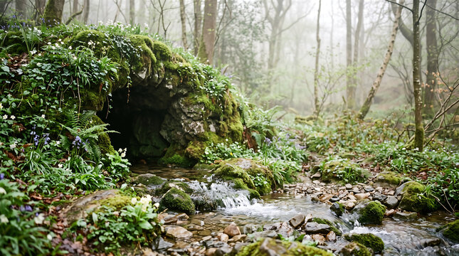 Moss-covered cave with flowing spring water. Natural stone grotto and freshwater stream in lush forest.