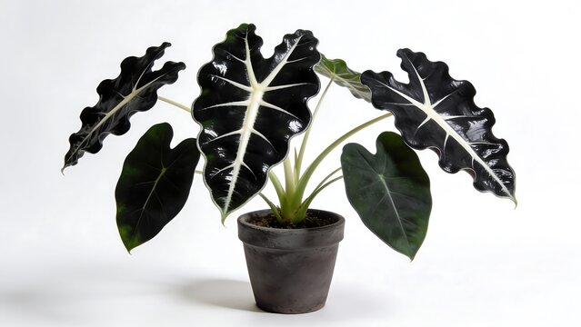 Alocasia Polly Plant in Dark Pot on White Background