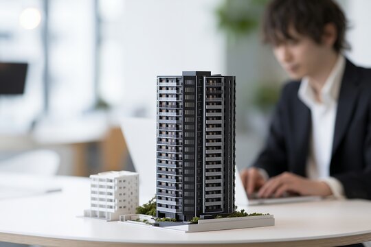 高層マンション模型を前にパソコン操作するビジネスマンの姿
