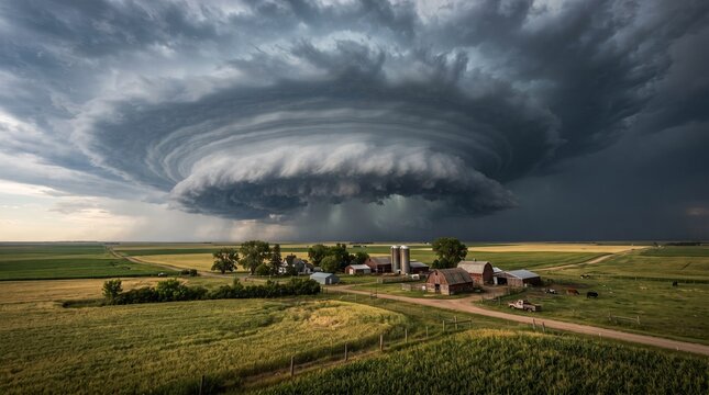 Dramatic supercell thunderstorm with a rotating wall cloud over a rural farm showcasing severe weather and atmospheric phenomena