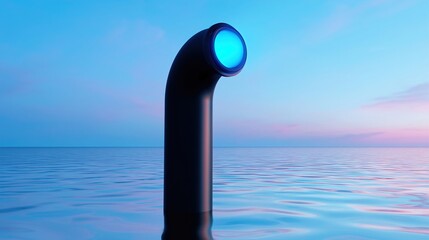 Obraz premium Futuristic glowing blue periscope tube rising from calm ocean waters at sunset