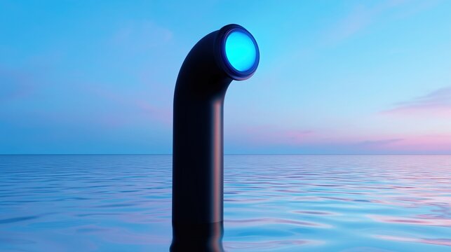 Futuristic glowing blue periscope tube rising from calm ocean waters at sunset