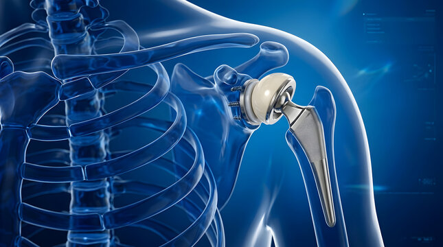 anatomical shoulder arthroplasty procedure | total shoulder joint replacement implant | 3d orthopedic medical illustration | human shoulder skeletal anatomy model