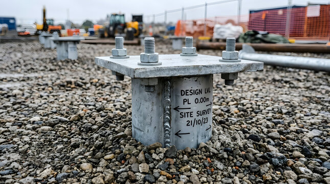 Helical screw pile foundation installation|Galvanized steel pile cap with anchor bolts|Civil engineering site survey and leveling|Industrial ground screw pile construction project|Structural deep foun