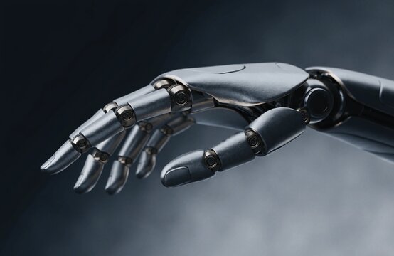Close-up side view of a futuristic metallic robotic hand reaching out representing advanced artificial intelligence and modern cybernetic technology