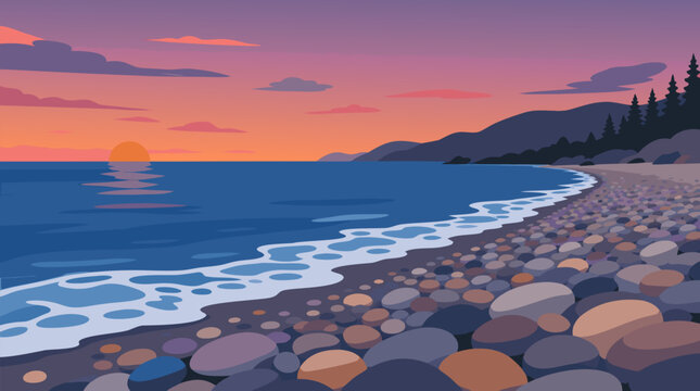 Serene vector illustration of gentle ocean waves rolling onto smooth pebble beach at colorful dusk with purple orange sunset sky calm water reflections distant mountains and scattered round stones